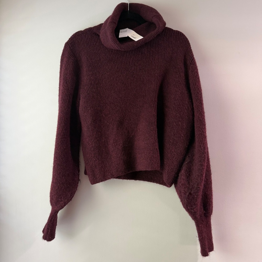 Topshop Turtleneck Sweater Womens S Burgundy NEW Balloon Sleeve Cropped Ribbed